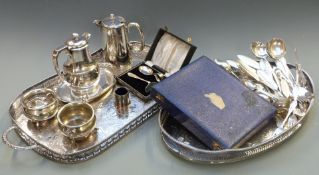 Two galleried silver plated trays, length of largest 56cm, loose and cased cutlery etc