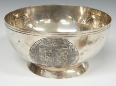 German or similar white metal footed bowl with heraldic decorative panels, stamped 800, diameter