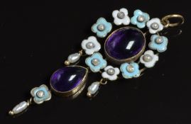 A yellow metal pendant set with amethyst cabochons, enamel and pearls, 5.5cm long
