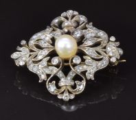 A 19thC continental brooch set with a natural pearl surrounded by rose cut diamonds, 3 x 2.8cm, 6.1g