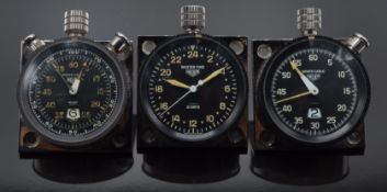 Three Heuer racing or rally dashboard car clocks comprising Master-Time 8-Day clock and two Monte-