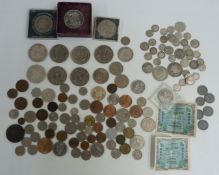 A quantity of UK and overseas coinage, includes approximately 100g of UK silver, George III onwards,