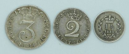 George II 1746 Maundy twopence, a George III 1763 Maundy threepence and a William IV 1835 colonies