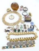 A collection of jewellery including JewelCraft earrings, vintage brooches, jet horseshoe brooch,