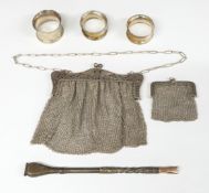 Two hallmarked silver napkin rings, weight 16g, Bombilla straw, two white metal continental mesh