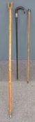 Hallmarked silver mounted walking stick with horn handle, thumb stick etc, longest 124cm