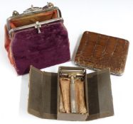 Small velvet evening bag, height 17cm, crocodile wallet and a Valet razor in box