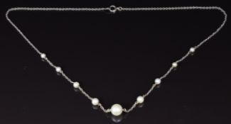 A 9ct white gold necklace set with pearls, 2.8g