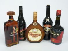 Five assorted bottles of liqueurs including Amaretto 70cl 22% vol, Baileys Irish Cream 700ml 17%