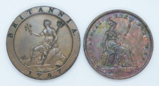 George III 1797 cartwheel copper penny VF-EF, together with an George IV 1826 example, EF but with