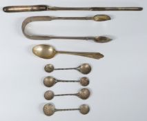 Pair of William IV hallmarked silver fiddle pattern sugar tongs, hallmarked silver teaspoon and four