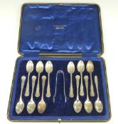 Case of 12 hallmarked silver teaspoons and tongs, weight 201g