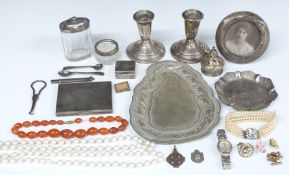 Hallmarked silver cigarette case, weight 166g, candlesticks marked sterling, Indian white metal tray