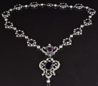 A continental silver necklace set with faux amethysts and paste, 46cm long