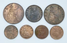 Victorian halfpenny 1865 uncirculated, together with four farthings 1886,1875 H, 1895 and 1880,