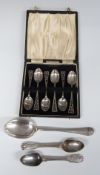 Cased set of six hallmarked silver teaspoons, rat tail pattern hallmarked silver table spoon and a
