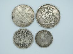 Four Victorian silver coins comprising 1890 Jubilee crown, 1889 double florin, 1889 florin and an