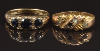 A 9ct gold ring set with sapphires and a 9ct gold ring, Birmingham 1901, 3.7g