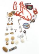 A collection of costume jewellery including coral necklace, Victorian cameo stick pin, micro