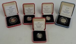 Five Royal Mint silver proof Piedfort cased coins, comprising two 50p including 1944 D-Day