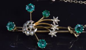 Edwardian 9ct gold brooch set with seed pearls and green paste, 3.9g, 4.8 x 2.8cm