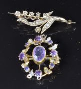 Edwardian 9ct gold brooch set with seed pearls and a 9ct gold pendant set with amethyst and seed