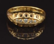 Edwardian 18ct gold ring set with diamonds in a boat shaped setting, Birmingham 1904, size O, 4.3g
