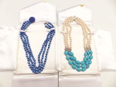 A three strand cultured blue pearl necklace and a three strand turquoise and cultured pearl necklace