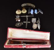 A pair of silver cufflinks, cheroot holder, T bar & cross, and insect pin