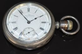 A M Watch Co Waltham keyless winding open faced pocket watch with inset subsidiary seconds dial,
