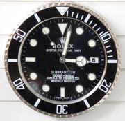 Rolex Oyster Perpetual Date Submariner dealer's shop display or advertising wall clock with date