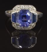 Art Deco platinum ring set with an Asscher cut natural untreated cornflower blue Sri Lankan sapphire