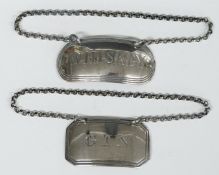Two hallmarked silver bottle tickets or labels, one gin, Birmingham 1824, maker Joseph Willmore, the