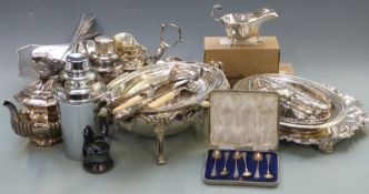 Silver plated ware including covered warming dish, salver, hallmarked silver handled King's