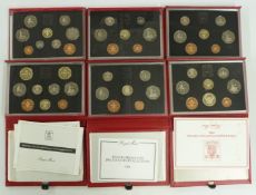 Royal Mint deluxe proof coin sets for 1985, 1986, 1988, 1989, 1991 and 1992