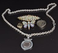 A silver fob, silver locket, Birmingham 1895, silver rope twist necklace, two micro mosaic
