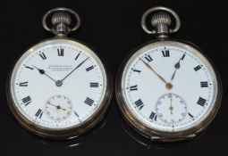 Two hallmarked silver keyless winding open faced pocket watches, one Alfred Wolf of Liverpool with