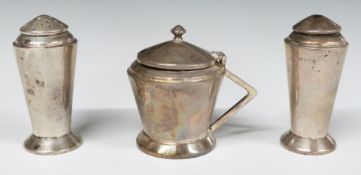 George VI Art Deco hallmarked silver three piece cruet set, Birmingham 1936, maker Ernest W Haywood,