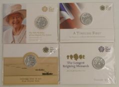 Royal Mint silver £20 coins, WW1 2014, HM 90th Birthday 2016, Timeless First  2013 and Longest