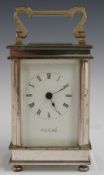 Fema of London seventeen jewel silver plated carriage clock with 'Peche' to the face, in unrelated