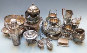 White metal cigarette case marked 800, weight 74g and silver plated ware to include a cocktail