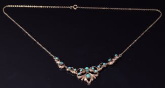 A 9ct gold necklace set with turquoise, 5.5g, length 40cm