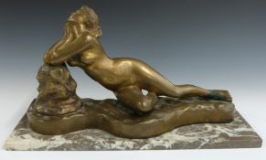 Large bronze or similar figure of a reclining nude, on marble base, H29 x L52cm