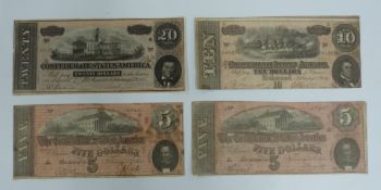 American Civil War currency 1864 comprising 2 x five dollars, together with a ten dollar and a 20