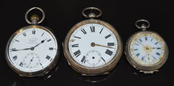 Three silver open faced pocket watches comprising J J Fitter of Solihull & Birmingham keyless