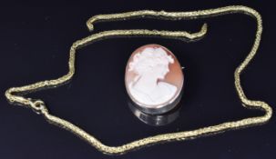 A 9ct gold brooch set with a cameo and a 9ct gold chain, 3.2g, length 46cm