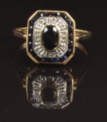 A 9ct gold ring set with sapphires and diamonds, size R, 2.7g