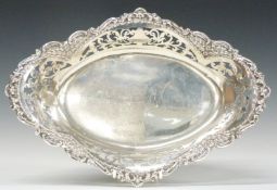 Edward VII hallmarked silver oval bowl with pierced decoration and embossed edge, Birmingham 1904,
