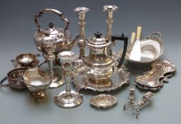 Plated ware including two pairs of candlesticks, height of tallest 25.5cm, spirit kettle, Walker &