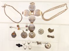 A collection of silver jewellery including fobs, Art Deco ring, other rings, paste brooch, etc